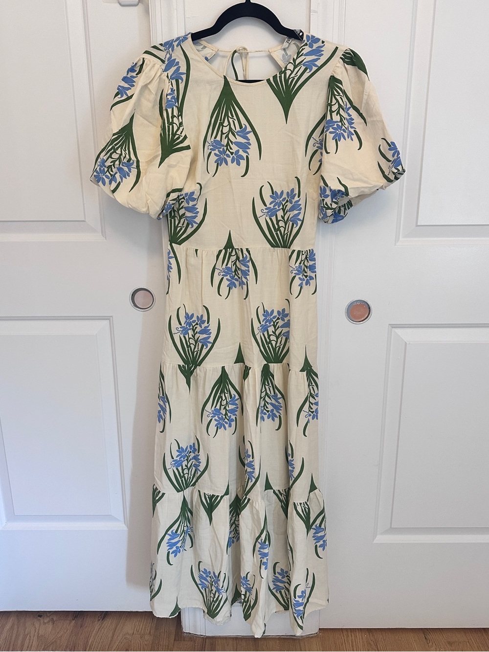ZARA Cream Floral Maxi Dress with Blue and Green Print